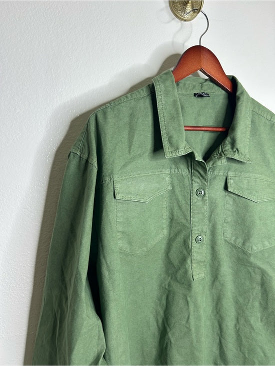 J. Crew Cotton Linen Army Green Collared Heavyweight Safari Top With Pockets