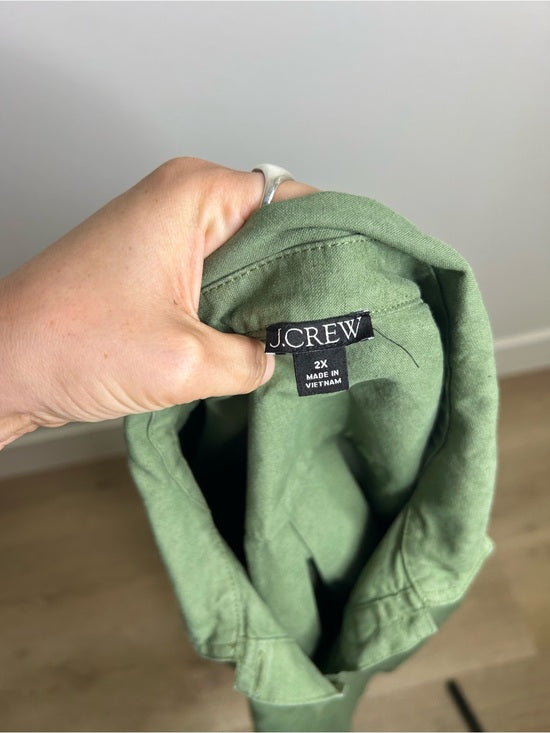 J. Crew Cotton Linen Army Green Collared Heavyweight Safari Top With Pockets