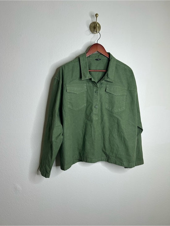 J. Crew J. Crew Cotton Linen Army Green Collared Heavyweight Safari Top With Pockets - Cotton, Linen