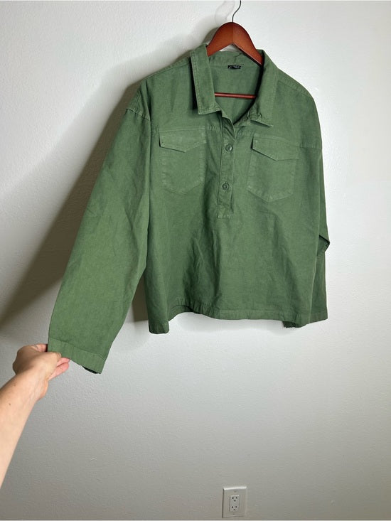 J. Crew J. Crew Cotton Linen Army Green Collared Heavyweight Safari Top With Pockets - Cotton, Linen