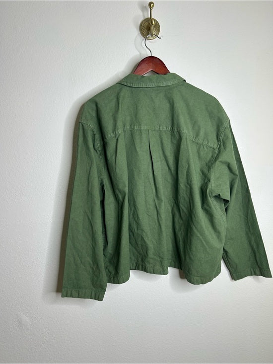 J. Crew J. Crew Cotton Linen Army Green Collared Heavyweight Safari Top With Pockets - Cotton, Linen