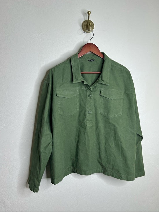 J. Crew Cotton Linen Army Green Collared Heavyweight Safari Top With Pockets