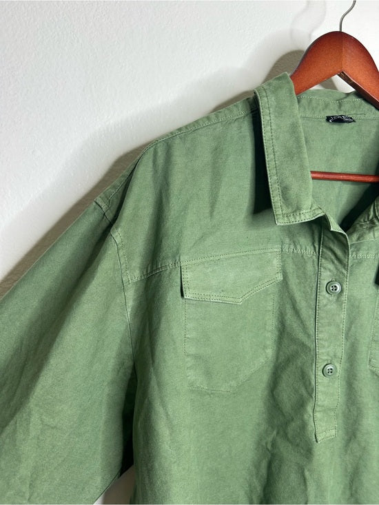 J. Crew Cotton Linen Army Green Collared Heavyweight Safari Top With Pockets