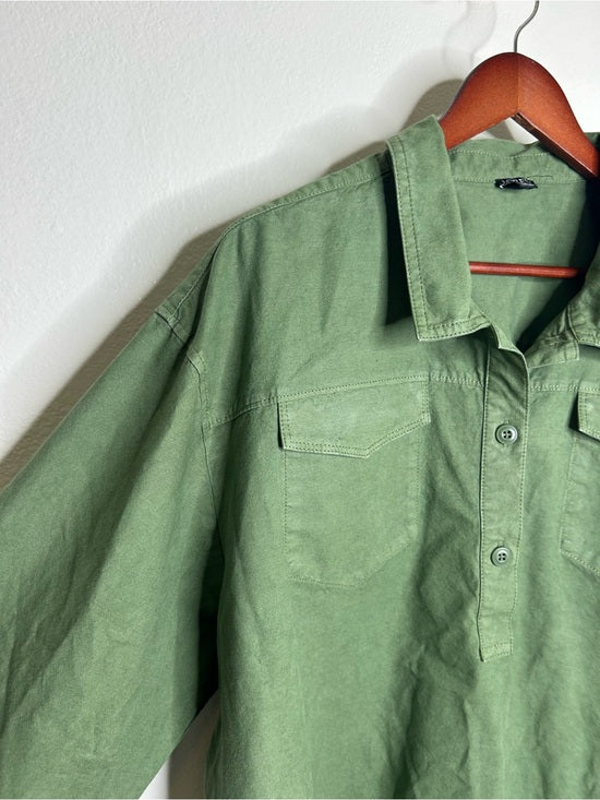 J. Crew Cotton Linen Army Green Collared Heavyweight Safari Top With Pockets