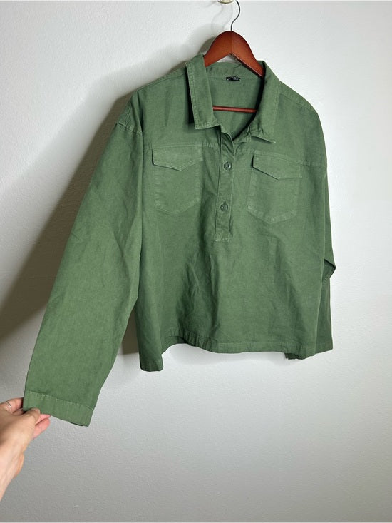 J. Crew Cotton Linen Army Green Collared Heavyweight Safari Top With Pockets