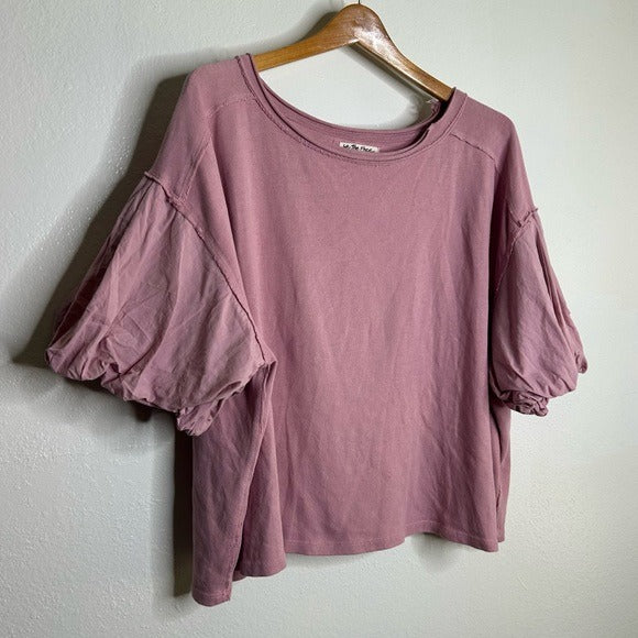 Free People Free People 100% Cotton Pink Puff Sleeve Oversized T - Shirt Top - Cotton