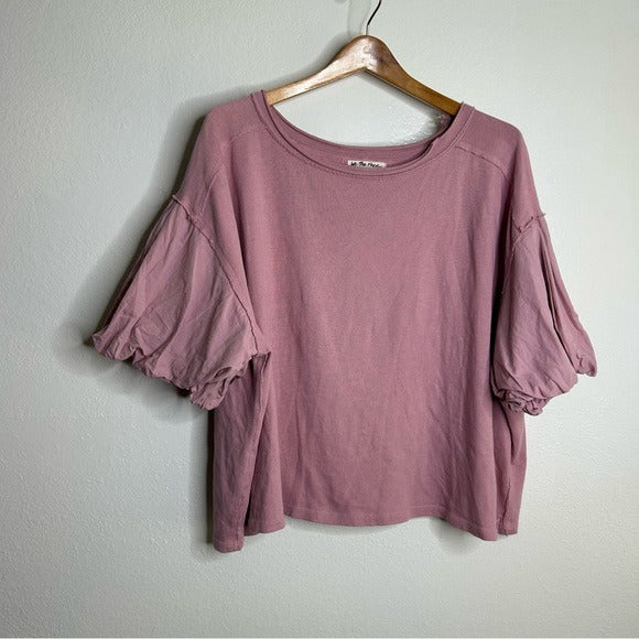 Free People 100% Cotton Pink Puff Sleeve Oversized T - Shirt Top