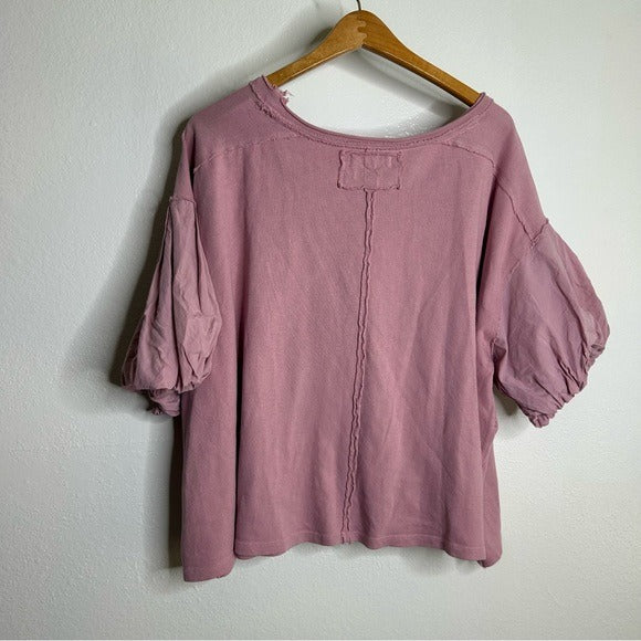 Free People 100% Cotton Pink Puff Sleeve Oversized T - Shirt Top