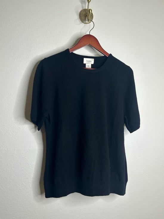 Neiman Marcus 100% Cashmere Black Knit Slouchy Short Sleeve Sweater Top