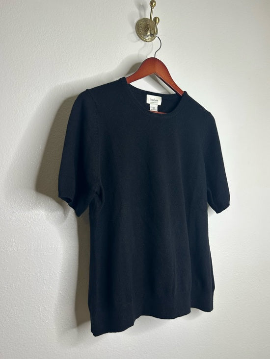 Neiman Marcus 100% Cashmere Black Knit Slouchy Short Sleeve Sweater Top