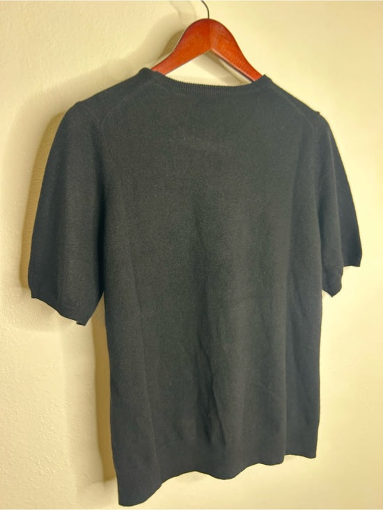 Neiman Marcus 100% Cashmere Black Knit Slouchy Short Sleeve Sweater Top