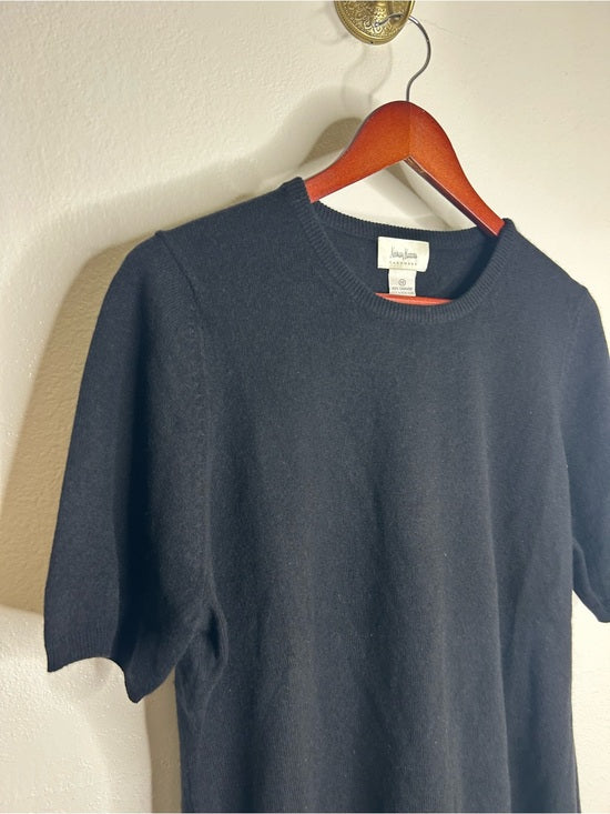 Neiman Marcus 100% Cashmere Black Knit Slouchy Short Sleeve Sweater Top