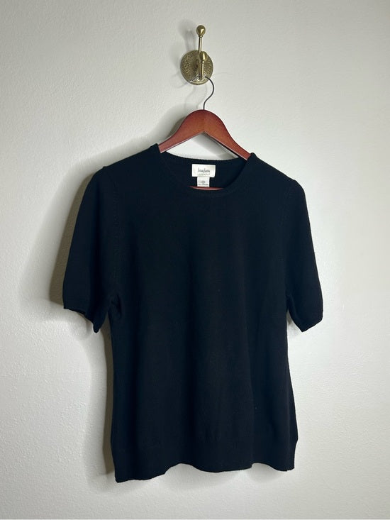 Neiman Marcus 100% Cashmere Black Knit Slouchy Short Sleeve Sweater Top