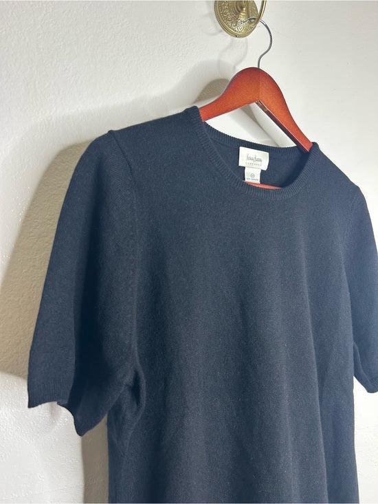 Neiman Marcus 100% Cashmere Black Knit Slouchy Short Sleeve Sweater Top