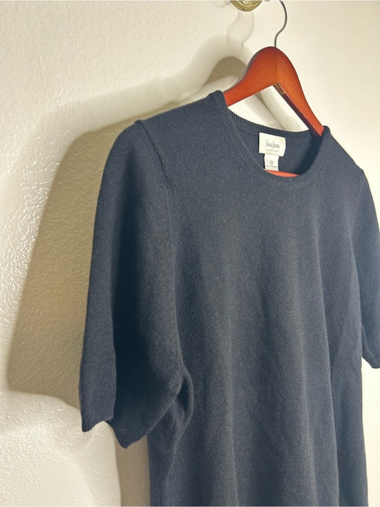 Neiman Marcus 100% Cashmere Black Knit Slouchy Short Sleeve Sweater Top