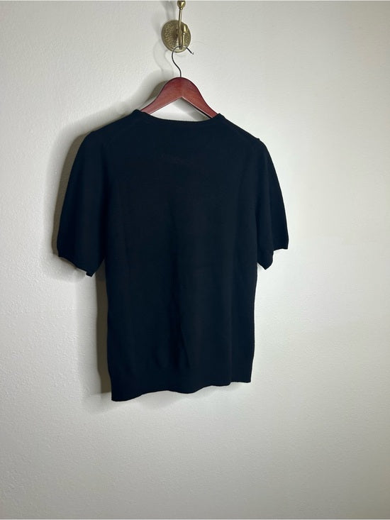 Neiman Marcus 100% Cashmere Black Knit Slouchy Short Sleeve Sweater Top