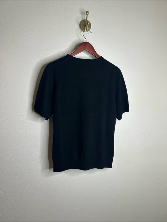 Neiman Marcus 100% Cashmere Black Knit Slouchy Short Sleeve Sweater Top