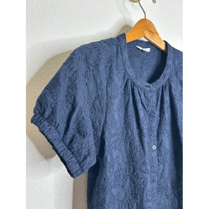 splendid Splendid 100% Cotton Embroidered Puff Sleeve Navy Blue Button Down Blouse - Cotton
