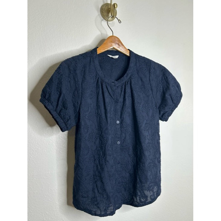 splendid Splendid 100% Cotton Embroidered Puff Sleeve Navy Blue Button Down Blouse - Cotton