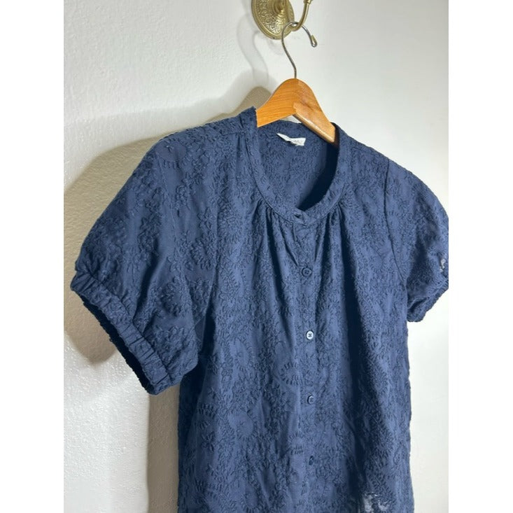 splendid Splendid 100% Cotton Embroidered Puff Sleeve Navy Blue Button Down Blouse - Cotton