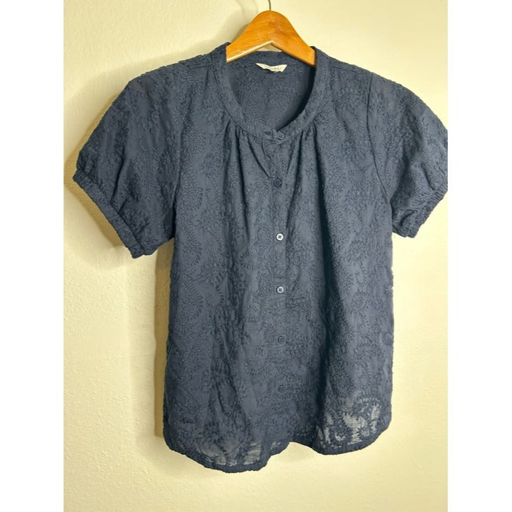 splendid Splendid 100% Cotton Embroidered Puff Sleeve Navy Blue Button Down Blouse - Cotton