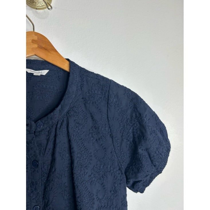 splendid Splendid 100% Cotton Embroidered Puff Sleeve Navy Blue Button Down Blouse - Cotton