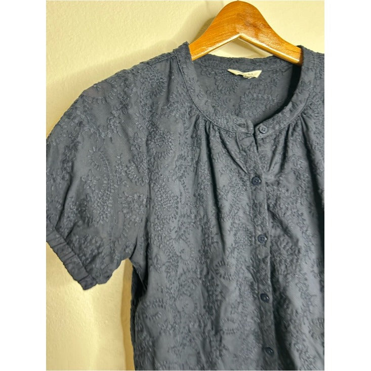 splendid Splendid 100% Cotton Embroidered Puff Sleeve Navy Blue Button Down Blouse - Cotton