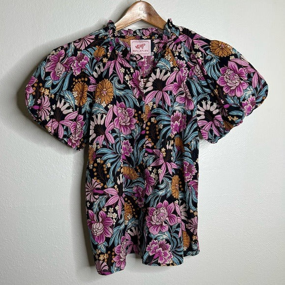 Banjanan Banjanan 100% Cotton Floral Multicolor Puff Sleeve Blouse - Cotton