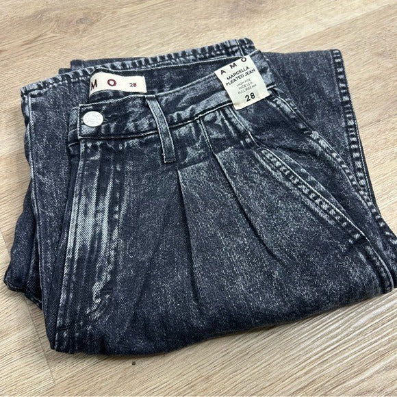 AMO AMO 100% Cotton Marcella Pleated Jean High Rise Wide Leg Black - Cotton