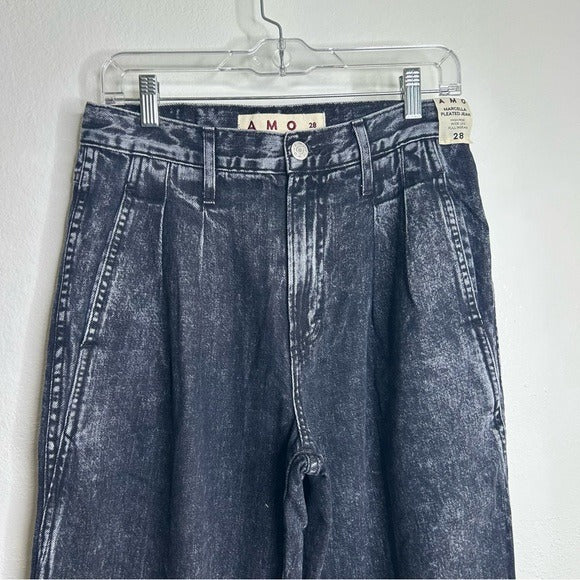 AMO AMO 100% Cotton Marcella Pleated Jean High Rise Wide Leg Black - Cotton