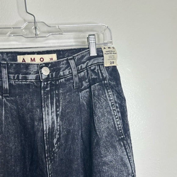 AMO AMO 100% Cotton Marcella Pleated Jean High Rise Wide Leg Black - Cotton