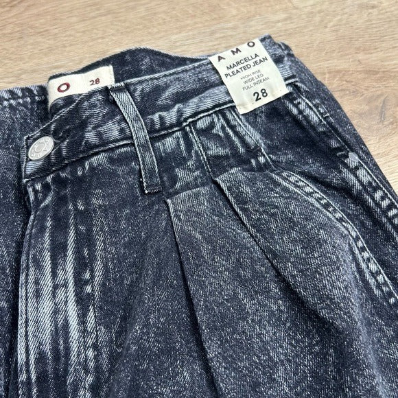 AMO 100% Cotton Marcella Pleated Jean High Rise Wide Leg Black
