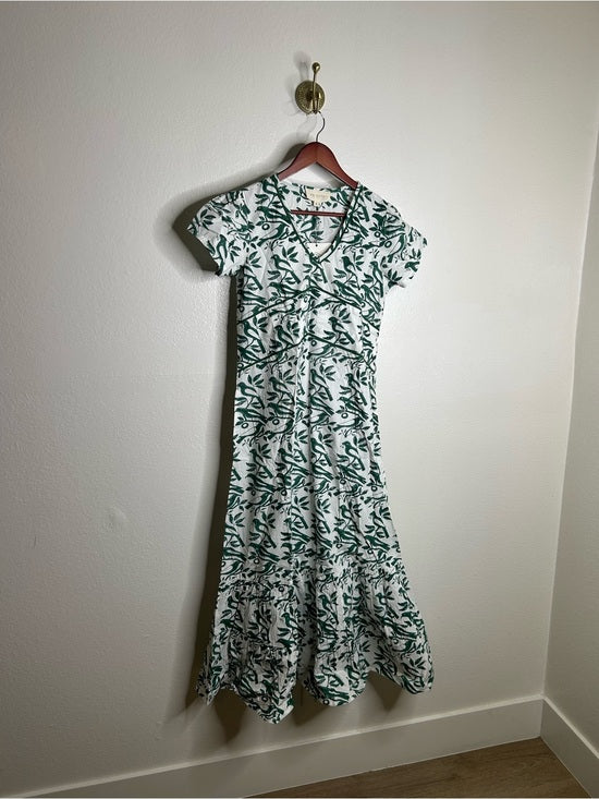 Ex Voto 100% Cotton White Green Bird Block Printed Maxi Dress