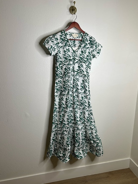 Ex Voto 100% Cotton White Green Bird Block Printed Maxi Dress
