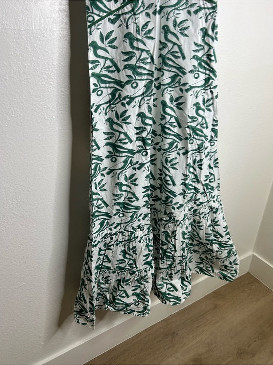 Ex Voto 100% Cotton White Green Bird Block Printed Maxi Dress