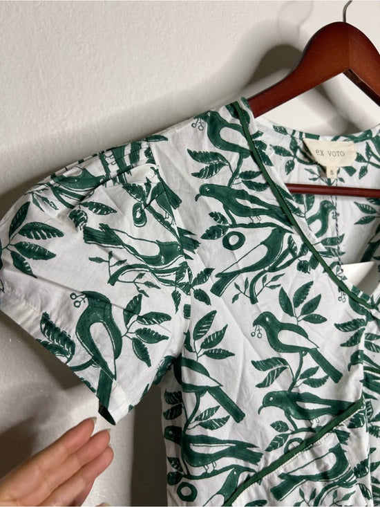 Ex Voto 100% Cotton White Green Bird Block Printed Maxi Dress