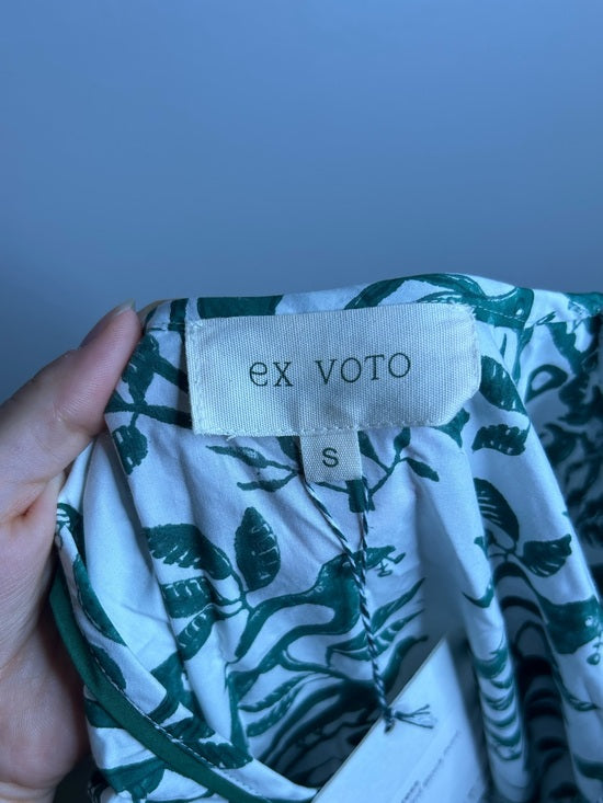 Ex Voto 100% Cotton White Green Bird Block Printed Maxi Dress