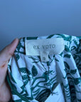 Ex Voto 100% Cotton White Green Bird Block Printed Maxi Dress