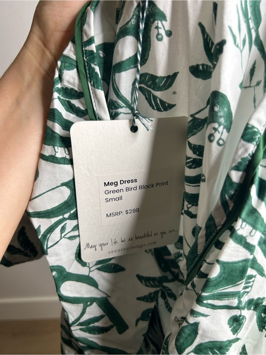 Ex Voto 100% Cotton White Green Bird Block Printed Maxi Dress