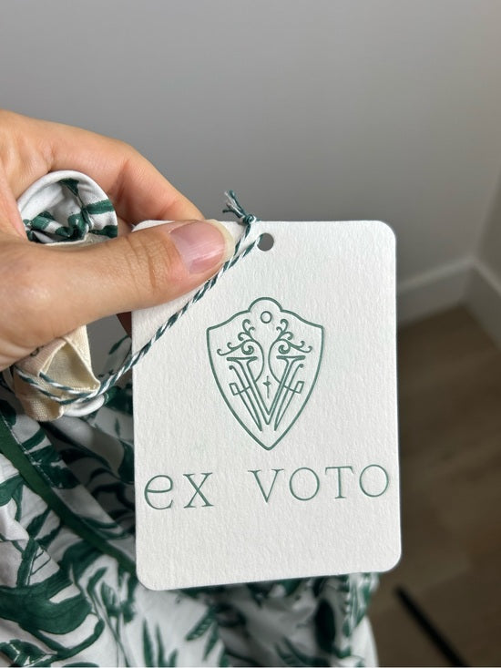 Ex Voto 100% Cotton White Green Bird Block Printed Maxi Dress