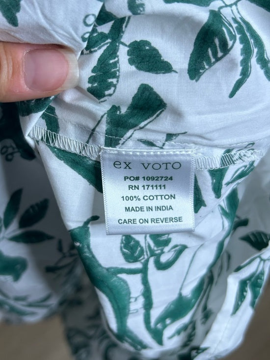 Ex Voto 100% Cotton White Green Bird Block Printed Maxi Dress