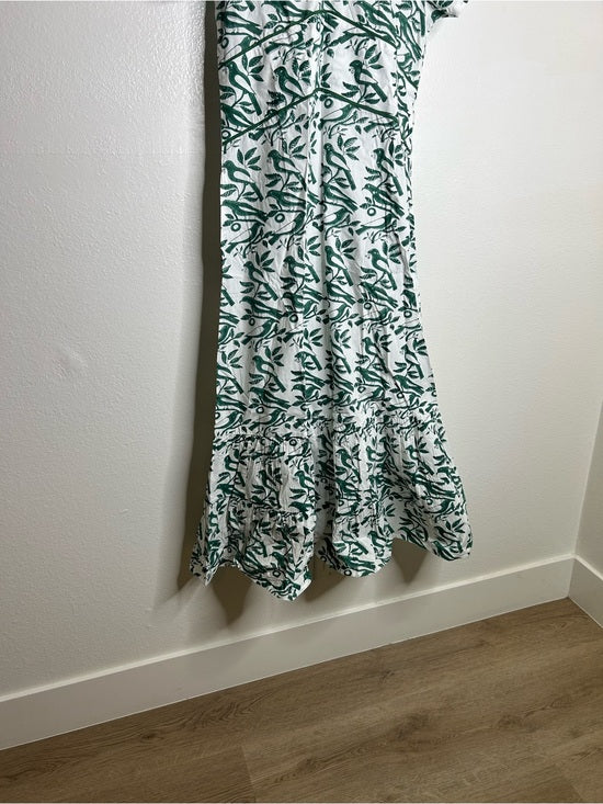 Ex Voto 100% Cotton White Green Bird Block Printed Maxi Dress