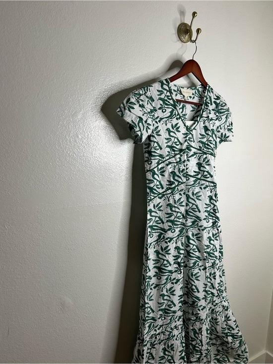 Ex Voto 100% Cotton White Green Bird Block Printed Maxi Dress