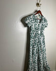 Ex Voto 100% Cotton White Green Bird Block Printed Maxi Dress