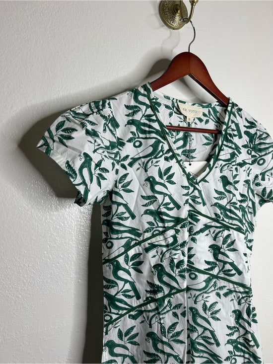Ex Voto 100% Cotton White Green Bird Block Printed Maxi Dress