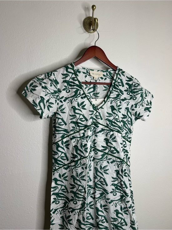 Ex Voto 100% Cotton White Green Bird Block Printed Maxi Dress