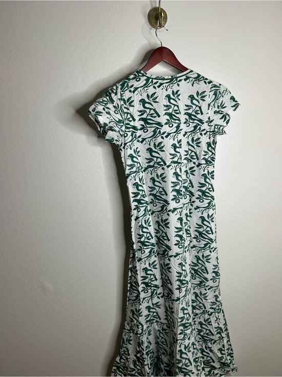 Ex Voto 100% Cotton White Green Bird Block Printed Maxi Dress