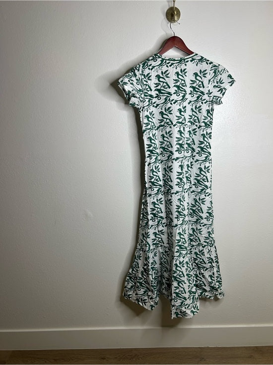 Ex Voto 100% Cotton White Green Bird Block Printed Maxi Dress