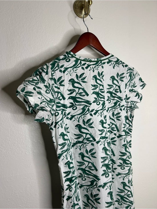 Ex Voto 100% Cotton White Green Bird Block Printed Maxi Dress