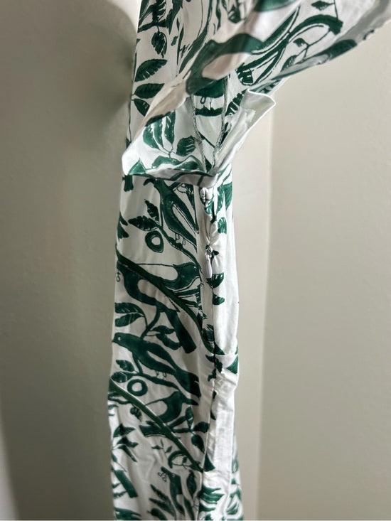 Ex Voto 100% Cotton White Green Bird Block Printed Maxi Dress